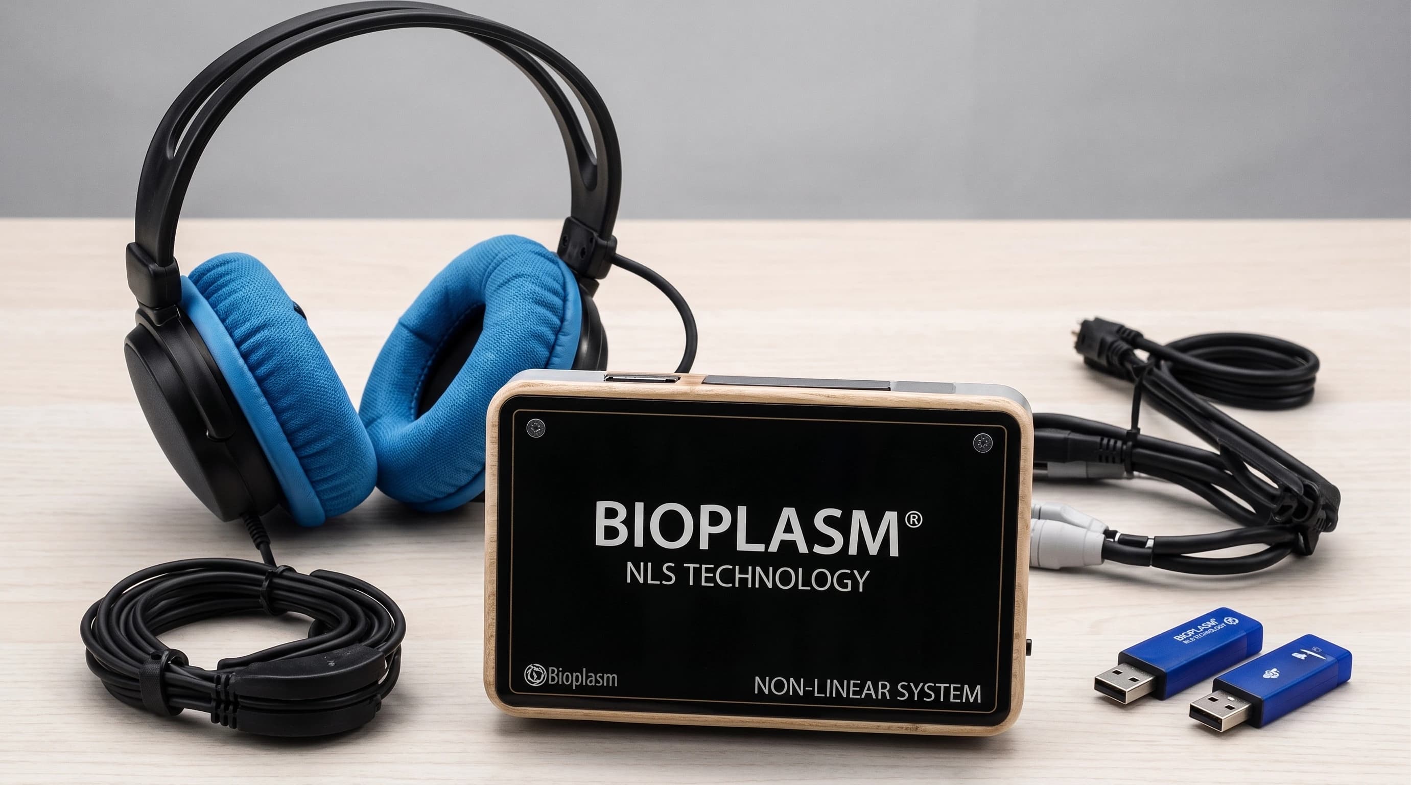 Perangkat Bioplasm NLS dengan headphone dan kabel pemeriksaan di atas meja.