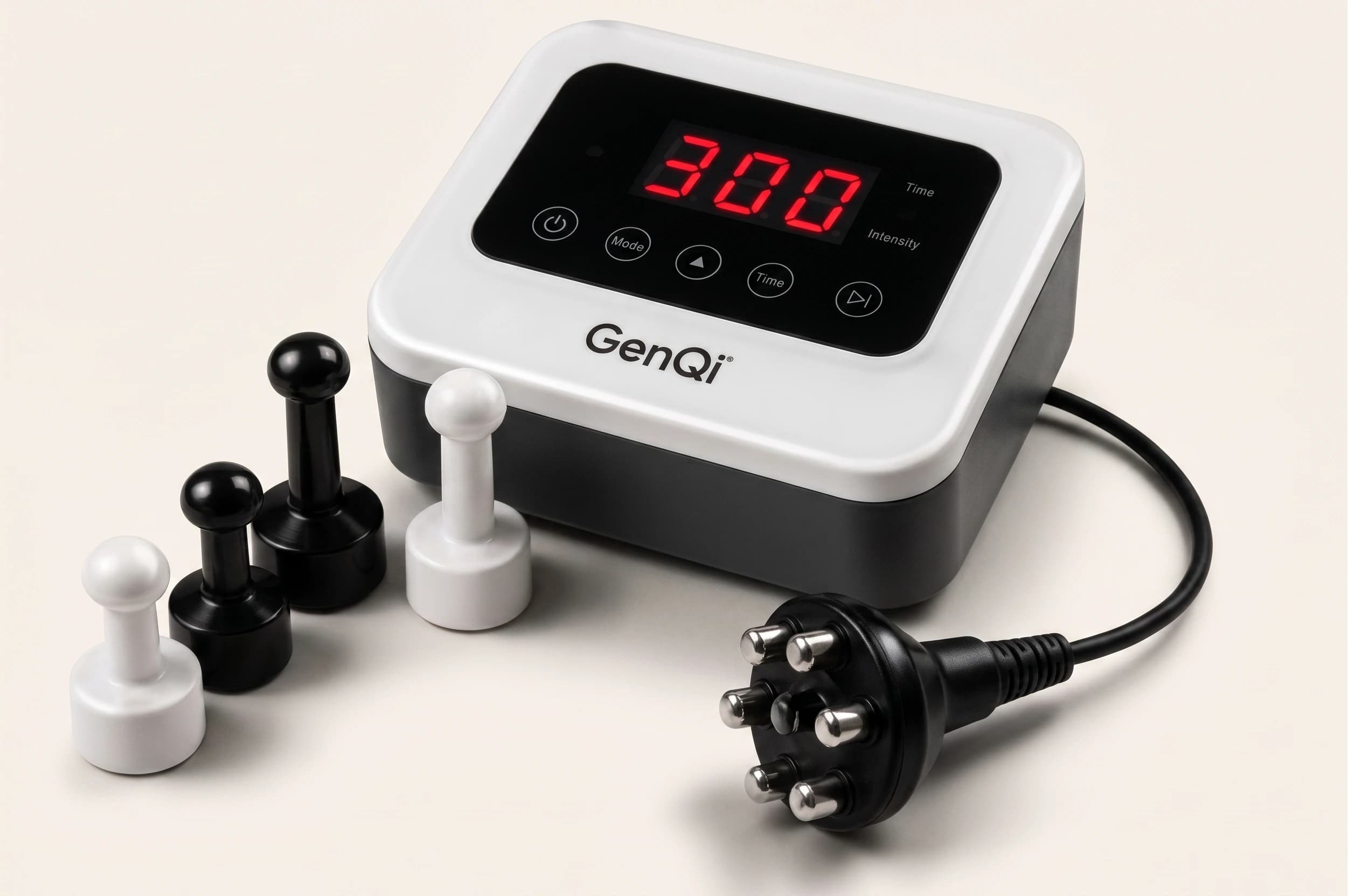 Mesin terapi GenQi beserta elektroda dan probe terapinya.